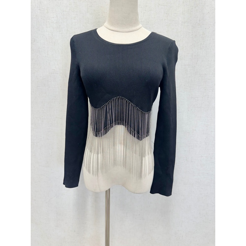 Zara Viscose Blend Black Ribbed Knit Chain Fringe Long Sleeve Top Size‎ Large